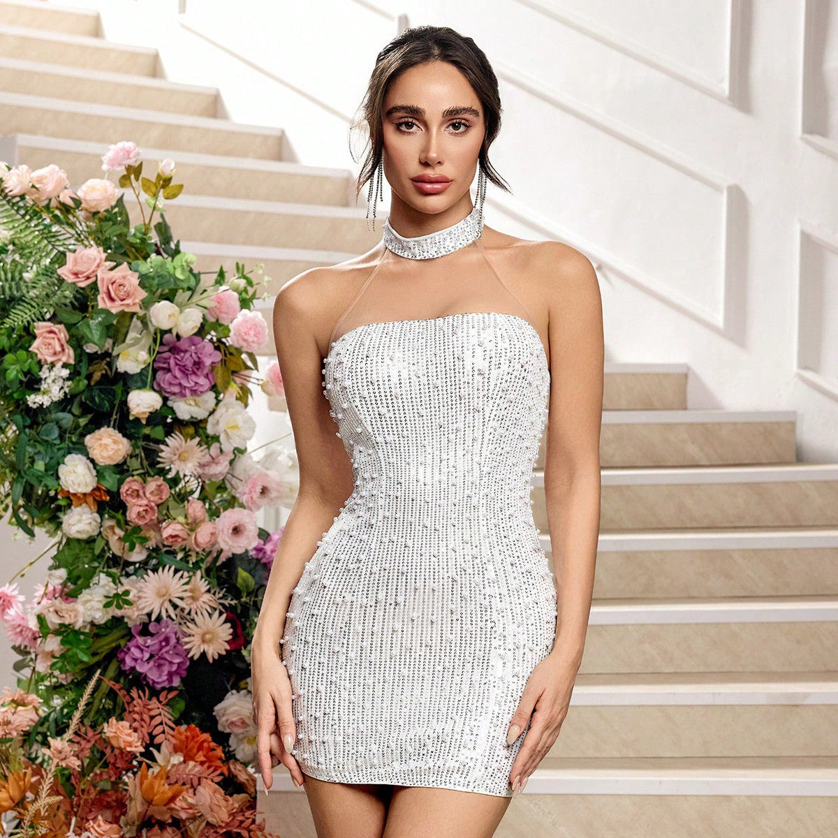 Sequin Pearl Embellished Choker Neck Illusion Strap Bodycon Mini Dress 2