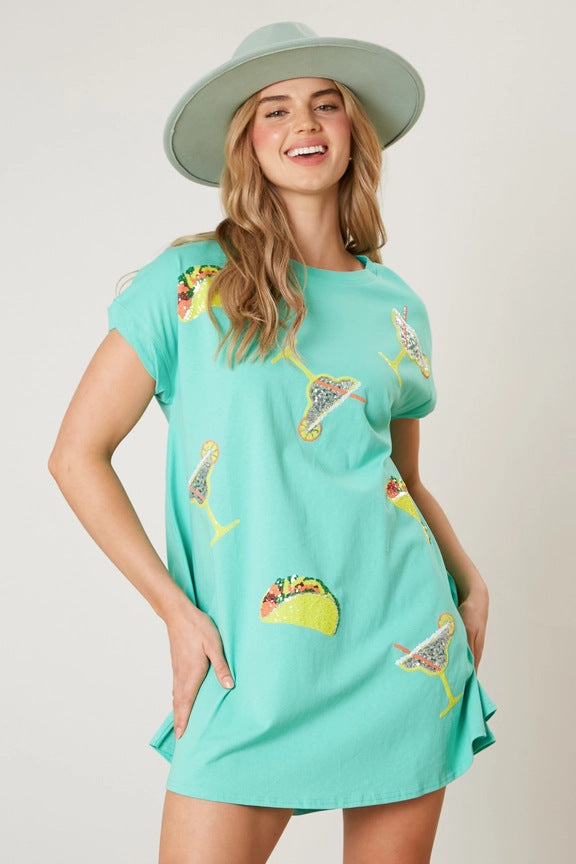 Taco Margarita Sequin Applique Crew Neck T-Shirt Mini Dress 3