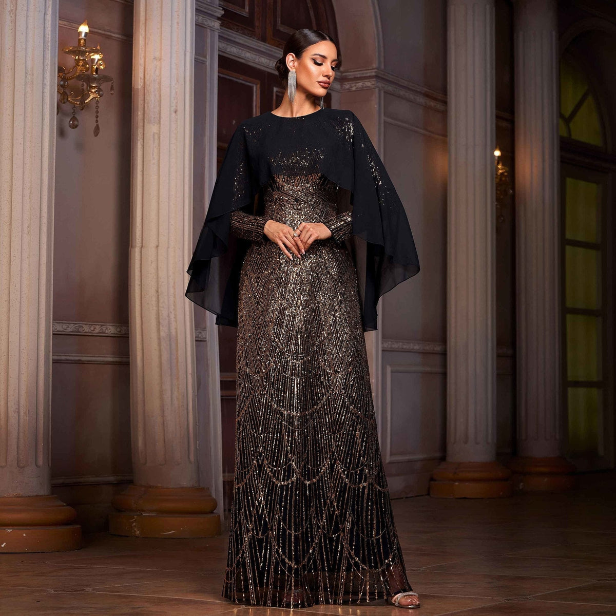 Sequin Geometric Art Deco Capelet Overlay Long Sleeve Column Gown