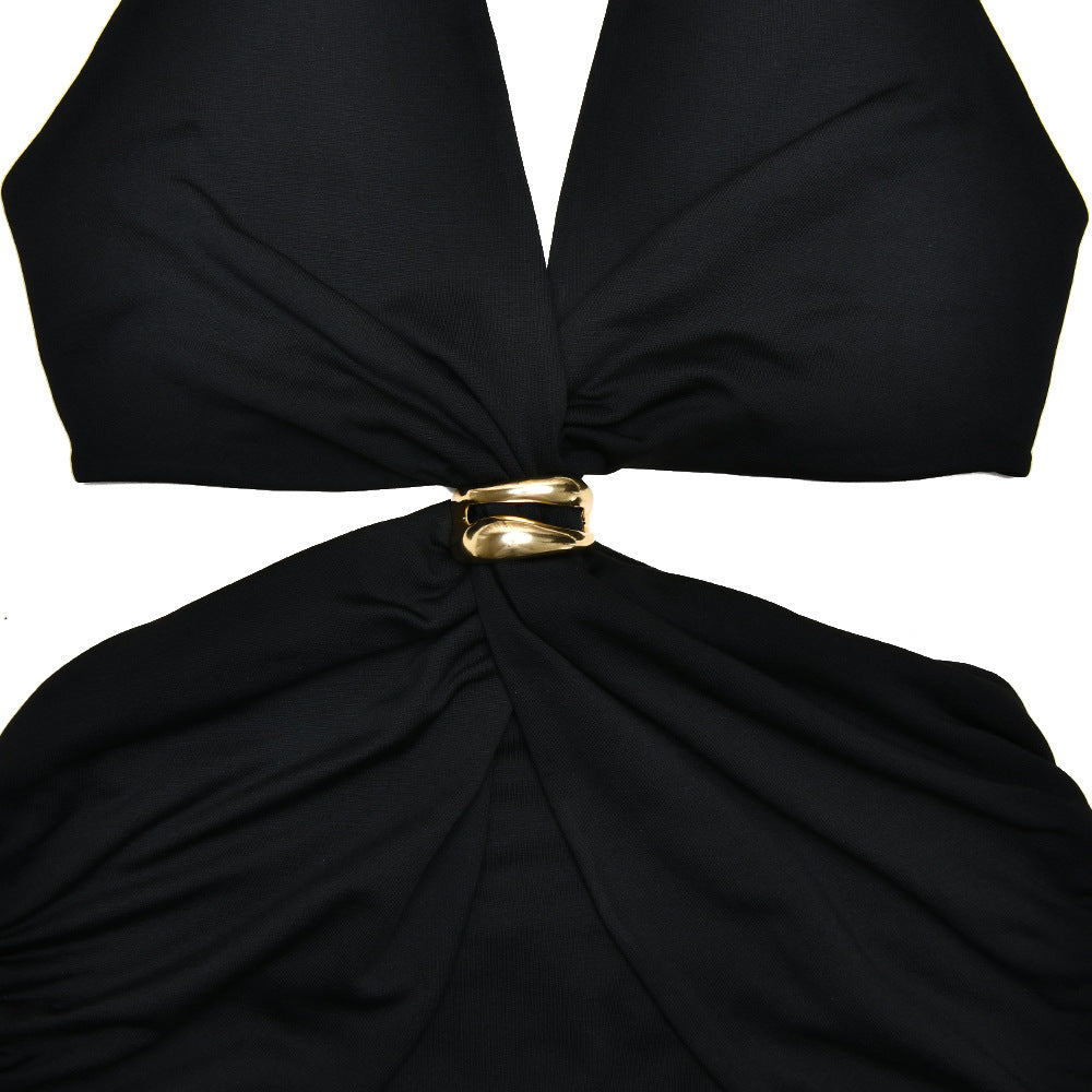 Halter Plunging V-Neck Side Waist Cutout Ring Detail Bodycon Maxi Dress 9