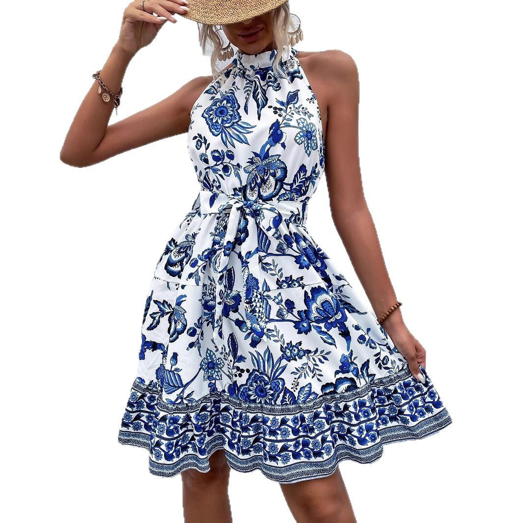 Botanical Floral Print Ruffle Halter Neck Tie Waist Border Hem Mini Dress 5