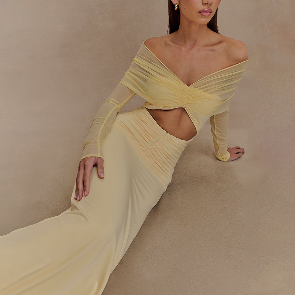 Off Shoulder Mesh Sleeve Diamond Cutout Ruched Column Maxi Gown 4