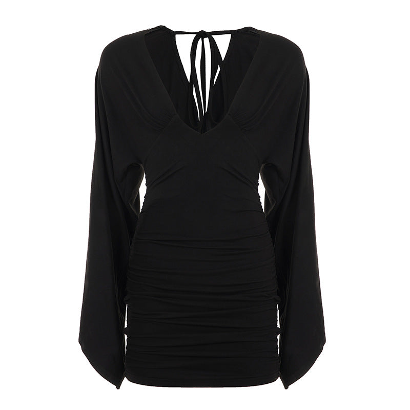 Deep V-Neck Long Bell Sleeve Ruched Bodycon Mini Mini Dress 3
