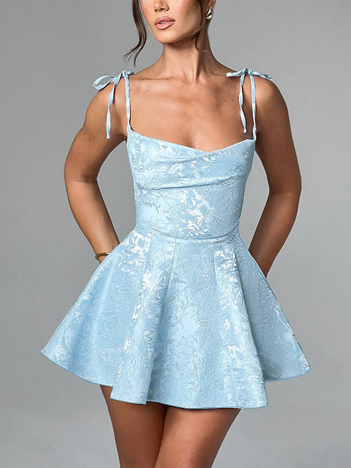 Floral Jacquard Tie Strap Cowl Neck Fit And Flare Mini Dress