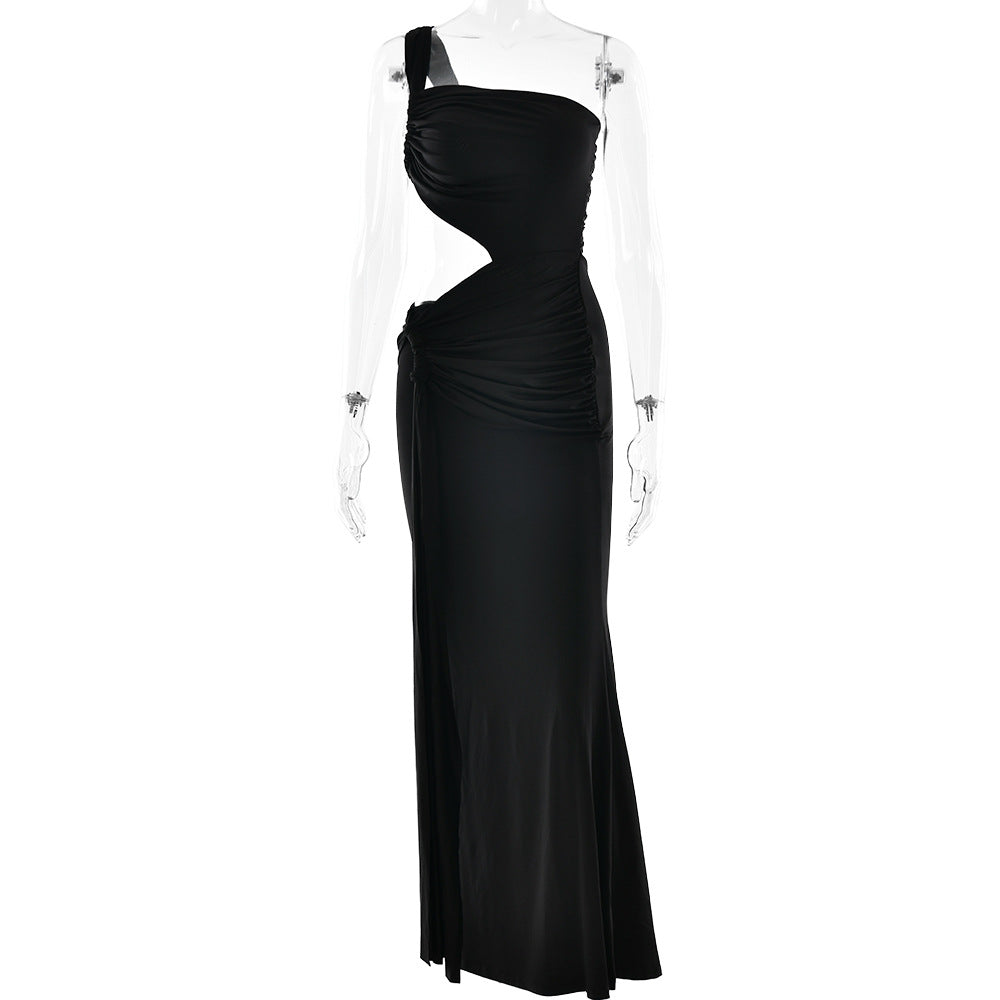 One Shoulder Triangular Cutout Ruched Hip Twist Drape Maxi Dress 2