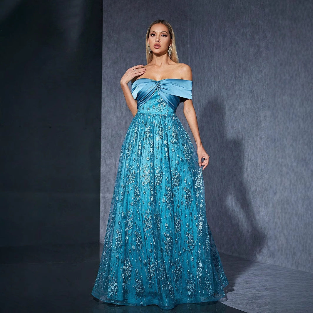 Off Shoulder Floral Embroidery Satin Wrap A-Line Maxi Gown