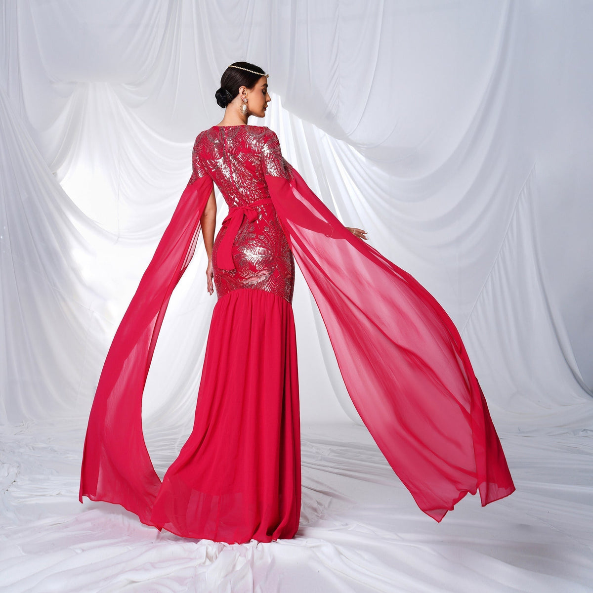 Sequin Feather Motif Belt Cape Sleeve Mermaid Maxi Gown 5