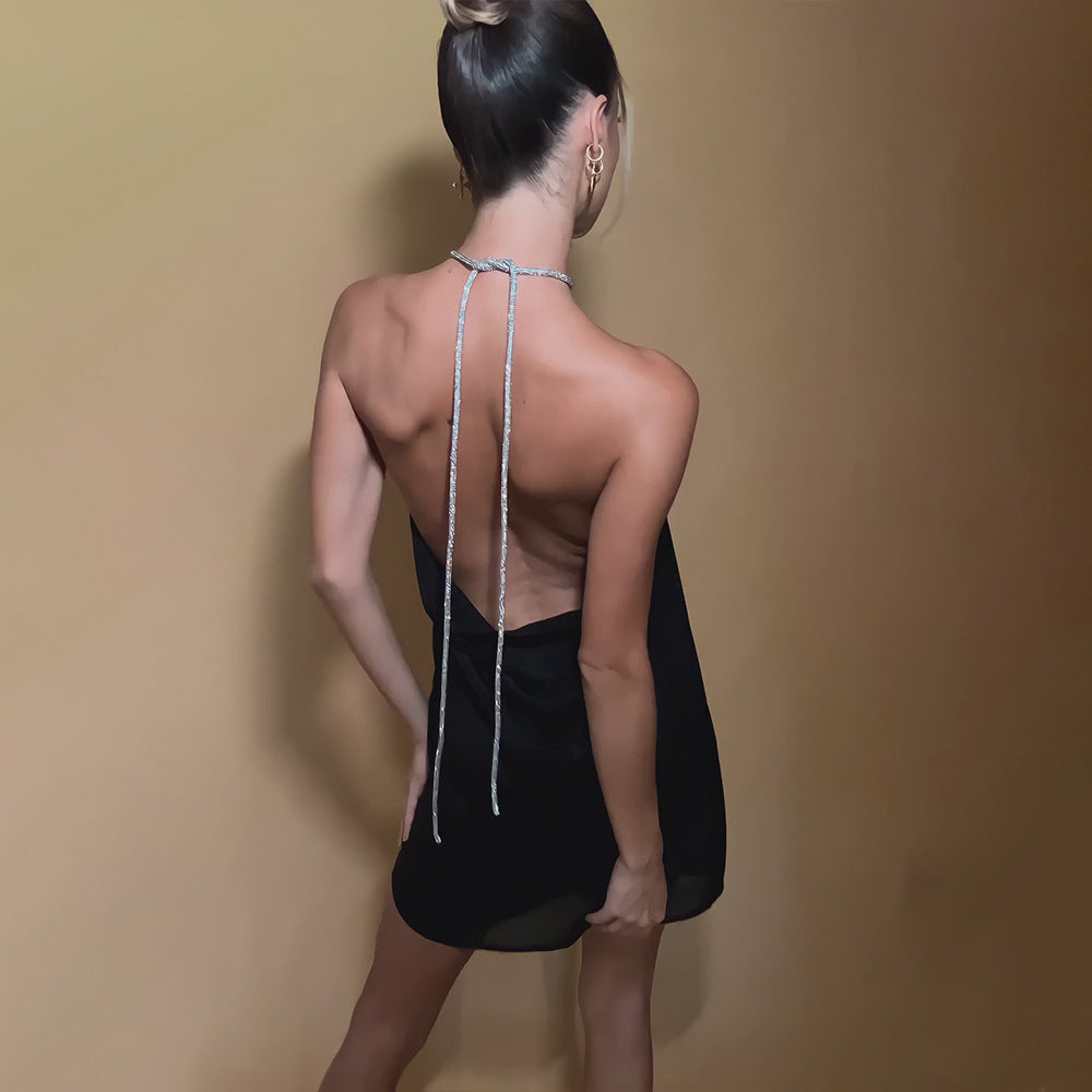 Halter Rhinestone Chain Neck Satin Shift Mini Dress 5