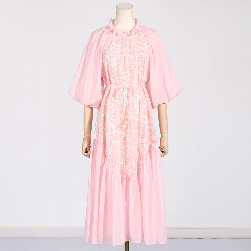 Ruffle Collar Puff Sleeve Lace Sequin Embroidered Drawstring Waist Midi Dress 3