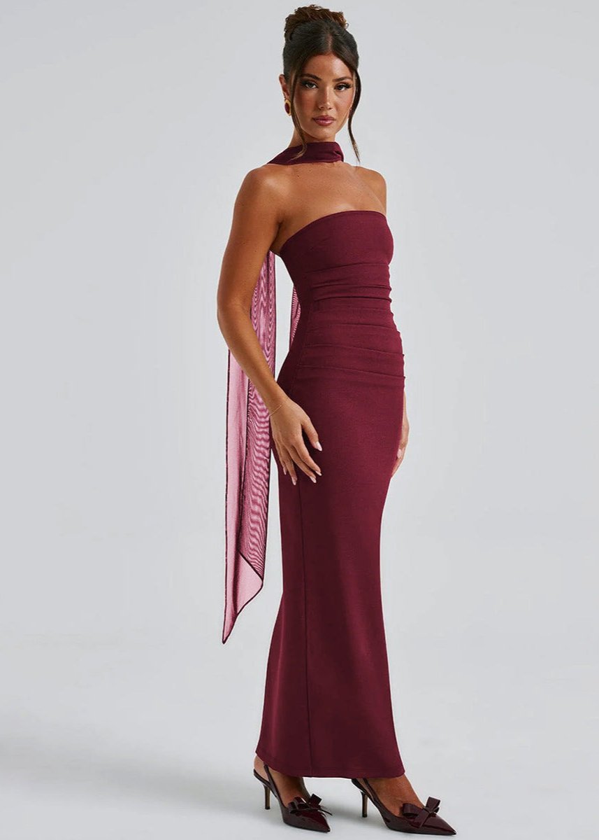 Strapless Horizontal Ruched Band Neck Scarf Detail Bodycon Maxi Dress 5