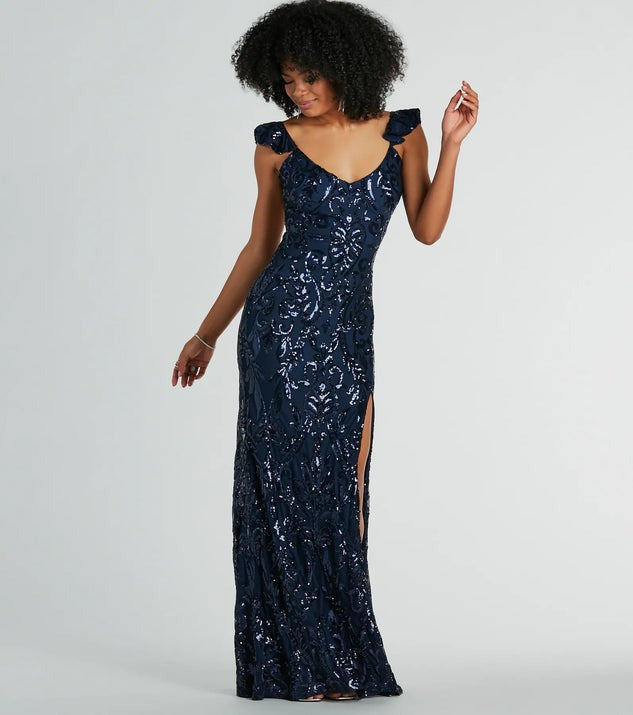 Sequin Beaded Floral Flutter Strap Deep V-Neck High Slit Maxi Gown 4
