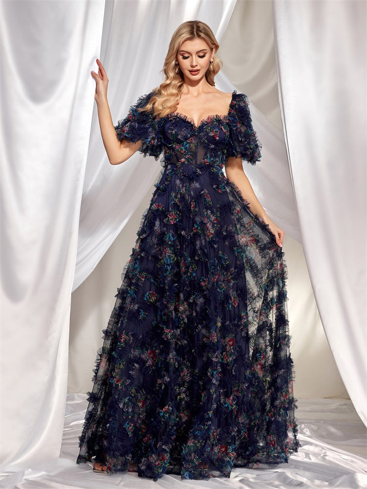 Sweetheart Puff Sleeve Tiered Ruffle Floral Print Maxi Gown 2