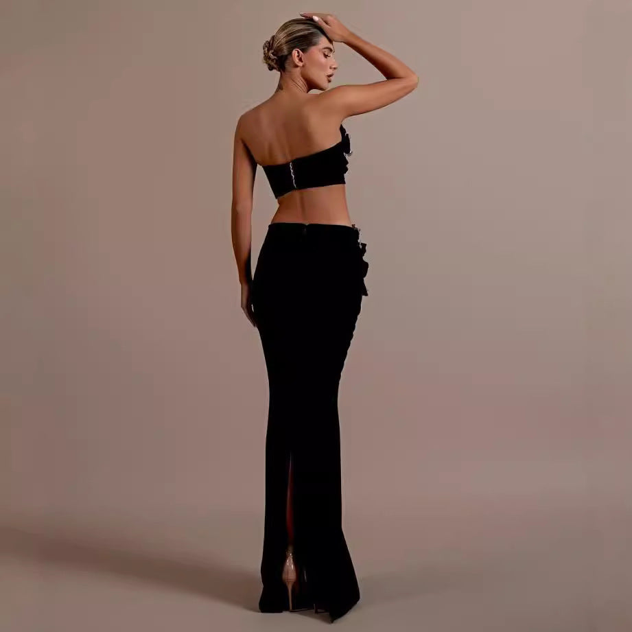 Black Sequin One-Shoulder Cut Out High Slit Maxi Gown