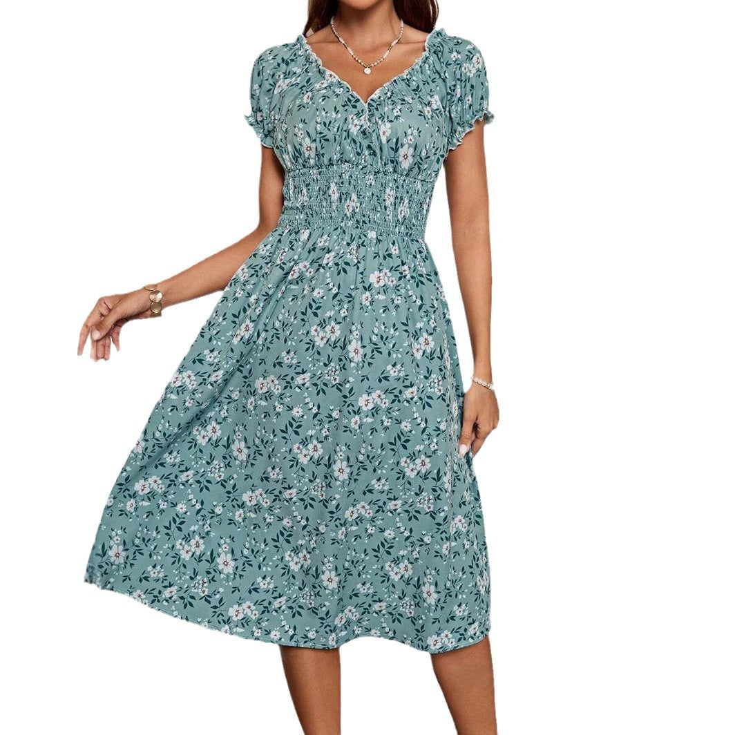Ditsy Floral Lettuce-Edge V-Neck Puff Sleeve Smocked Waist A-Line Midi Dress 5