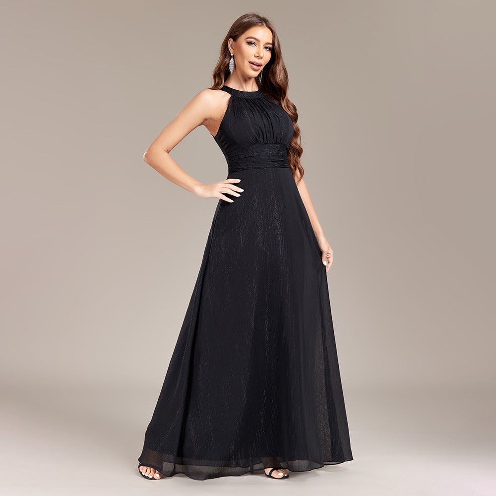 Halter Neck Pleated Bodice High Waist A-Line Floor Length Gown 5