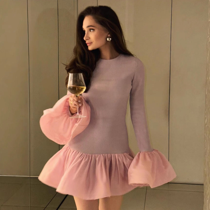 Crew Neck Rib Knit Long Sleeve Flared Ruffle Cuff Tiered Hem Mini Dress