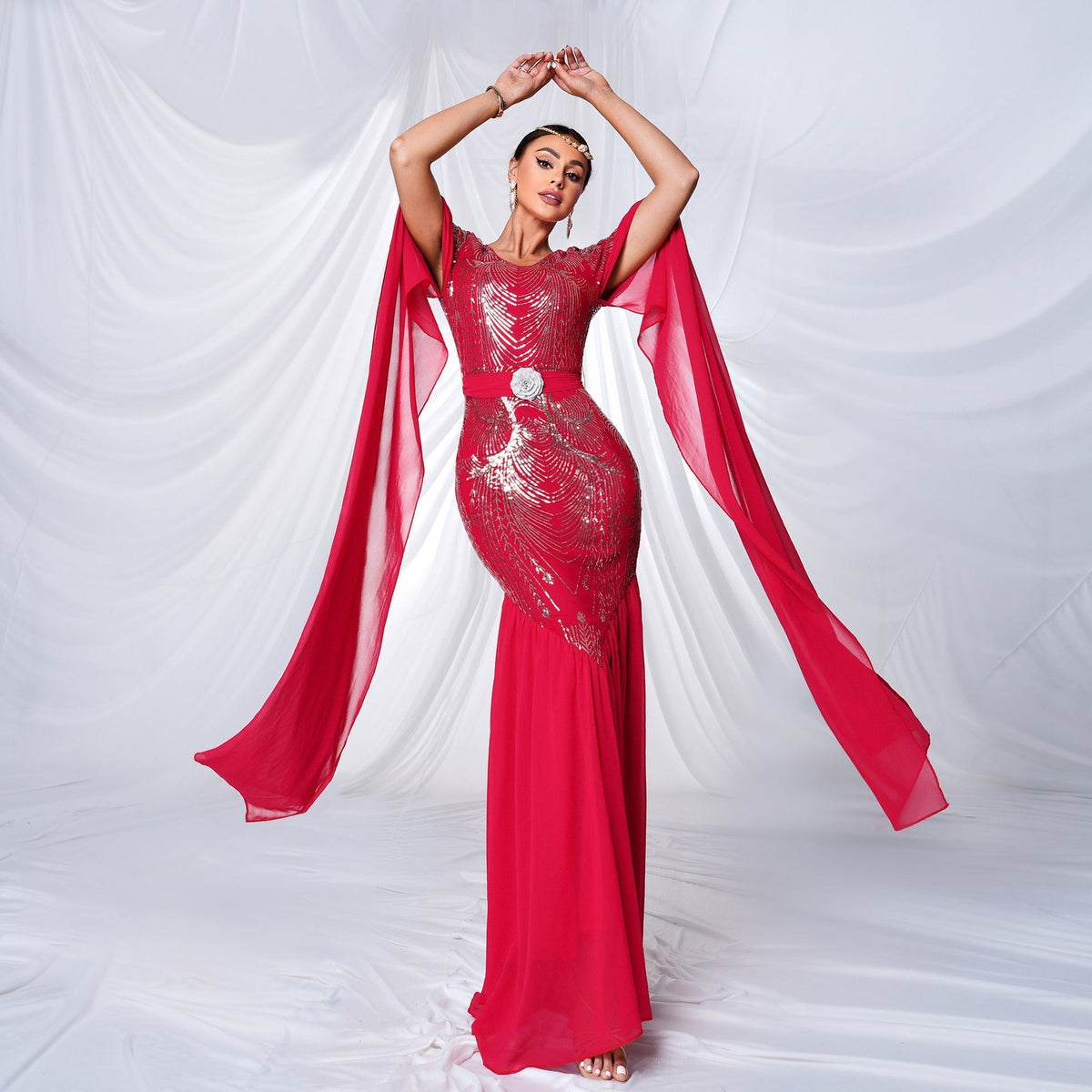 Sequin Feather Motif Belt Cape Sleeve Mermaid Maxi Gown