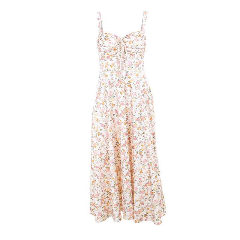 Floral Bustier Lace-Up Cami Strap Flared Midi Dress 12