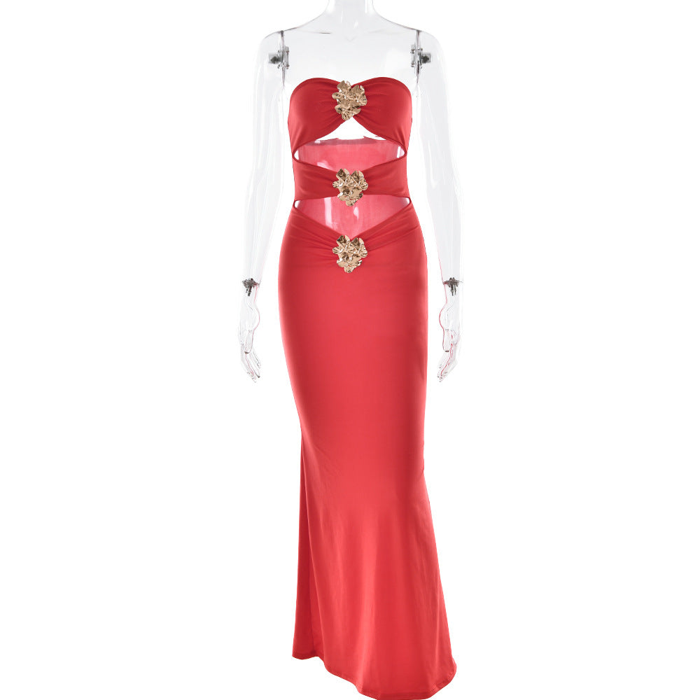 Strapless Floral Hardware Midriff Cutout Column Maxi Gown 6