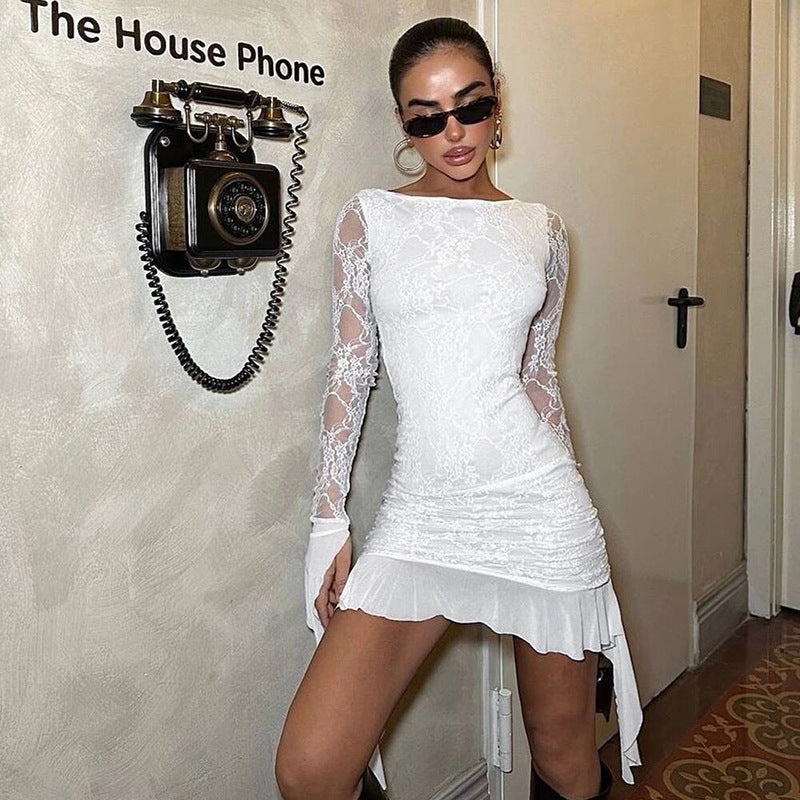 Lace Overlay Long Sleeve Boat Neck Ruched Asymmetric Hem Bodycon Mini Dress