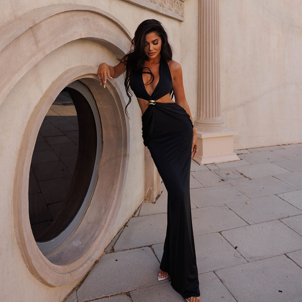 Halter Plunging V-Neck Side Waist Cutout Ring Detail Bodycon Maxi Dress 2