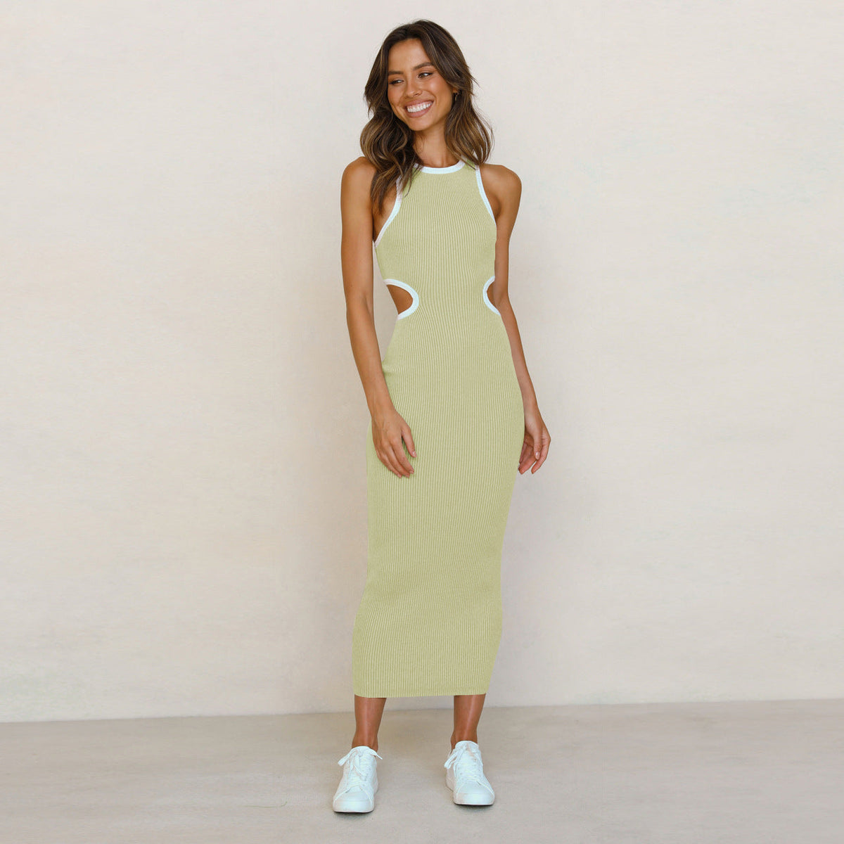 Crew Neck Long Sleeve Rib Knit Waist Cutout Midi Dress 5