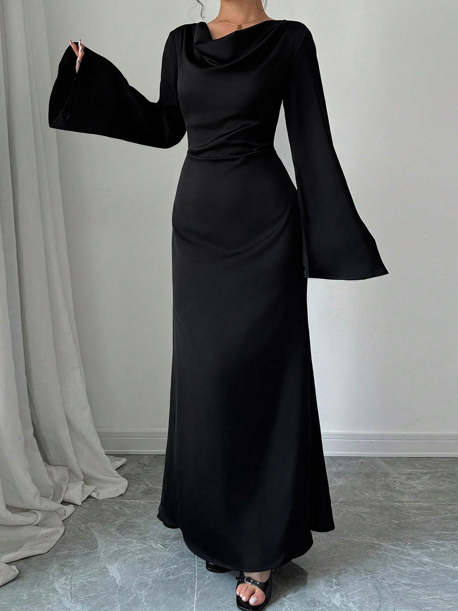 Black Cowl Neck Bell Sleeve Tie Waist Bodycon Maxi Dress 2