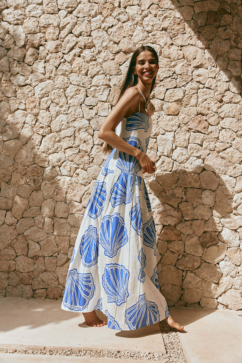 Square Neck Spaghetti Strap Scallop Shell Print Maxi Dress 3