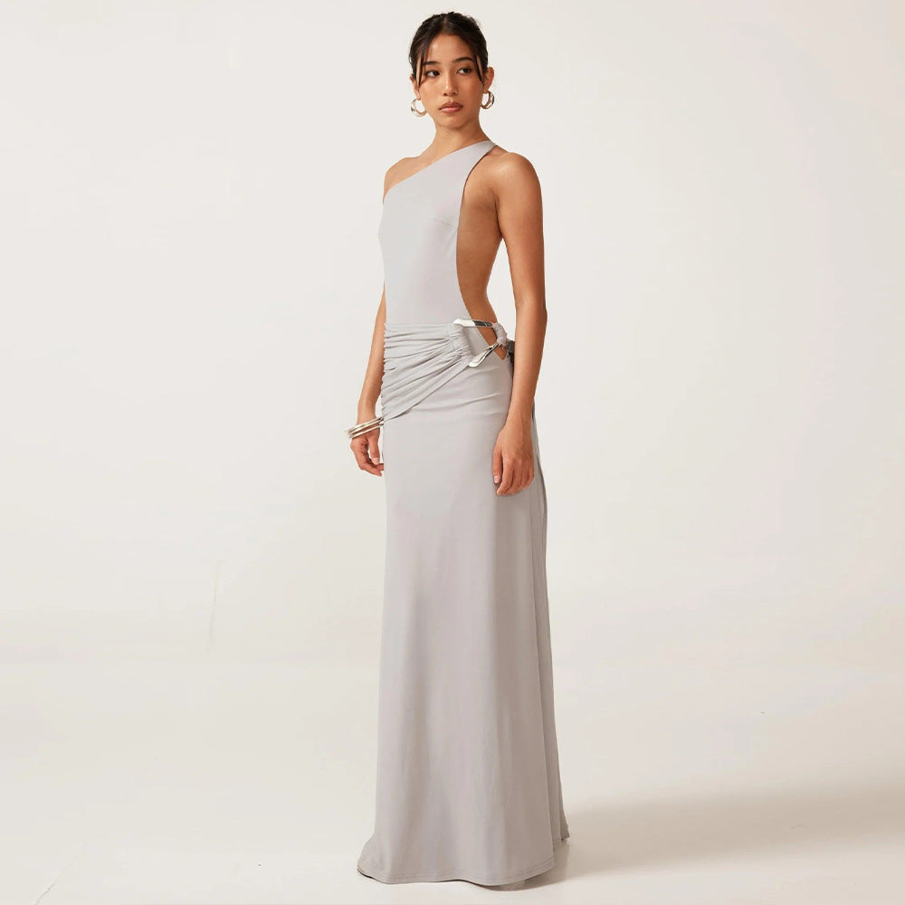 Halter Deep V Ruched Bodice Center Panel Drape Maxi Gown