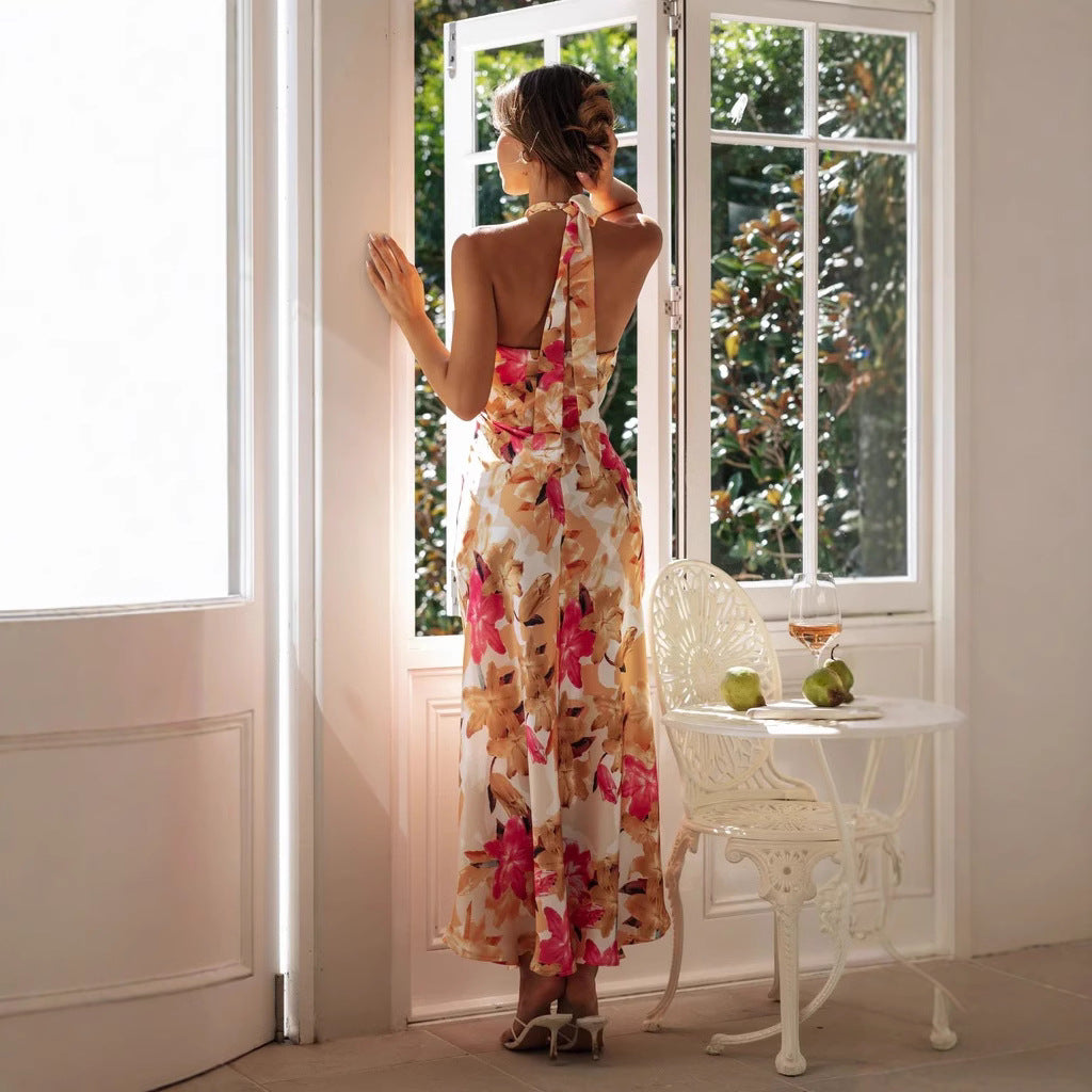 Halter High Neck Waist Cutout Tropical Floral Satin Maxi Gown 2