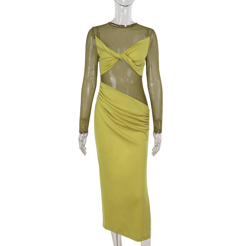 Sheer Mesh Twist Knot Bodice Ruched Waist Long Sleeve Maxi Dress 6