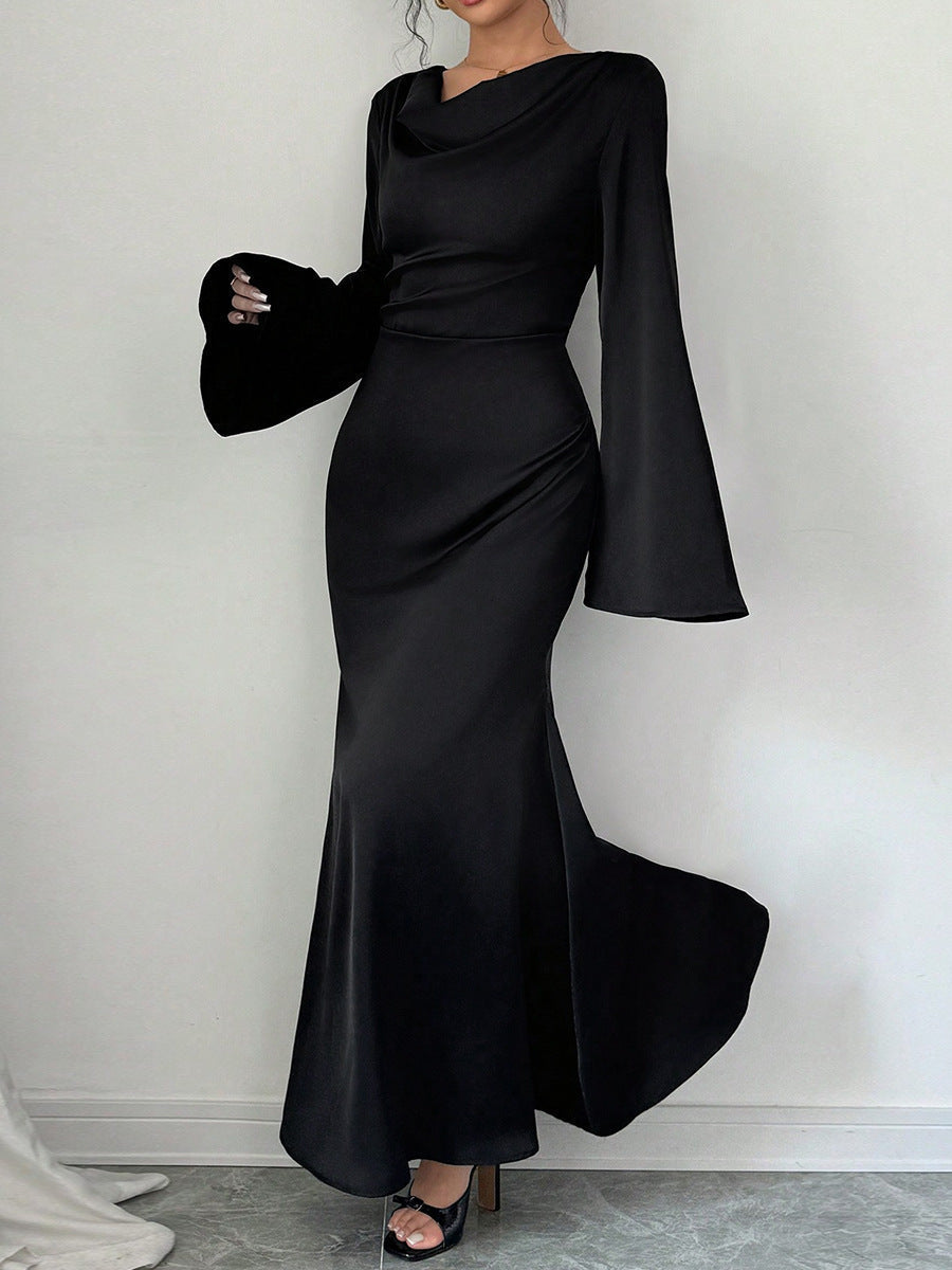 Black Cowl Neck Bell Sleeve Tie Waist Bodycon Maxi Dress 3