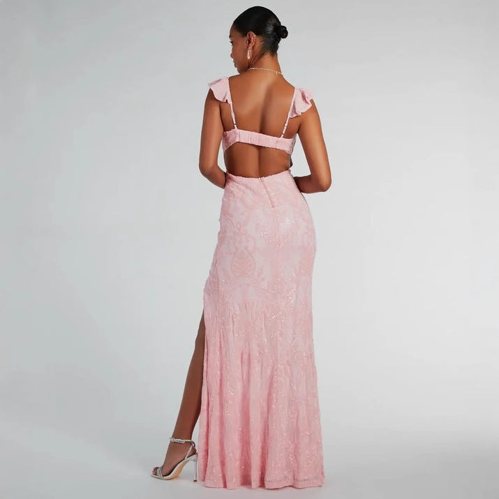 Sequin Beaded Floral Flutter Strap Deep V-Neck High Slit Maxi Gown 2