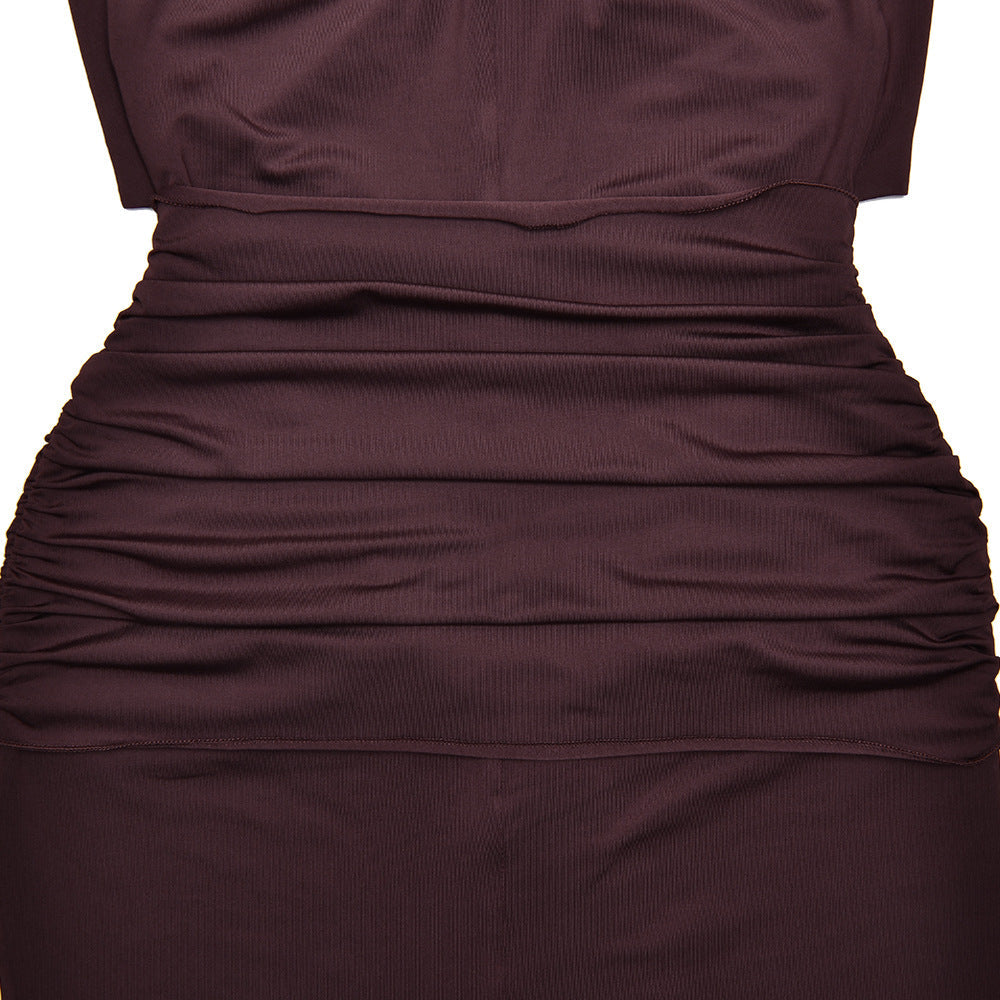 Halter Deep V Ruched Bodice Center Panel Drape Maxi Gown 13
