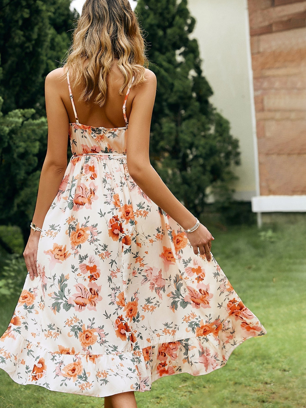 Spaghetti Strap Ruched Bust Drawstring Empire Waist Tiered Ruffle Floral Midi Dress 4