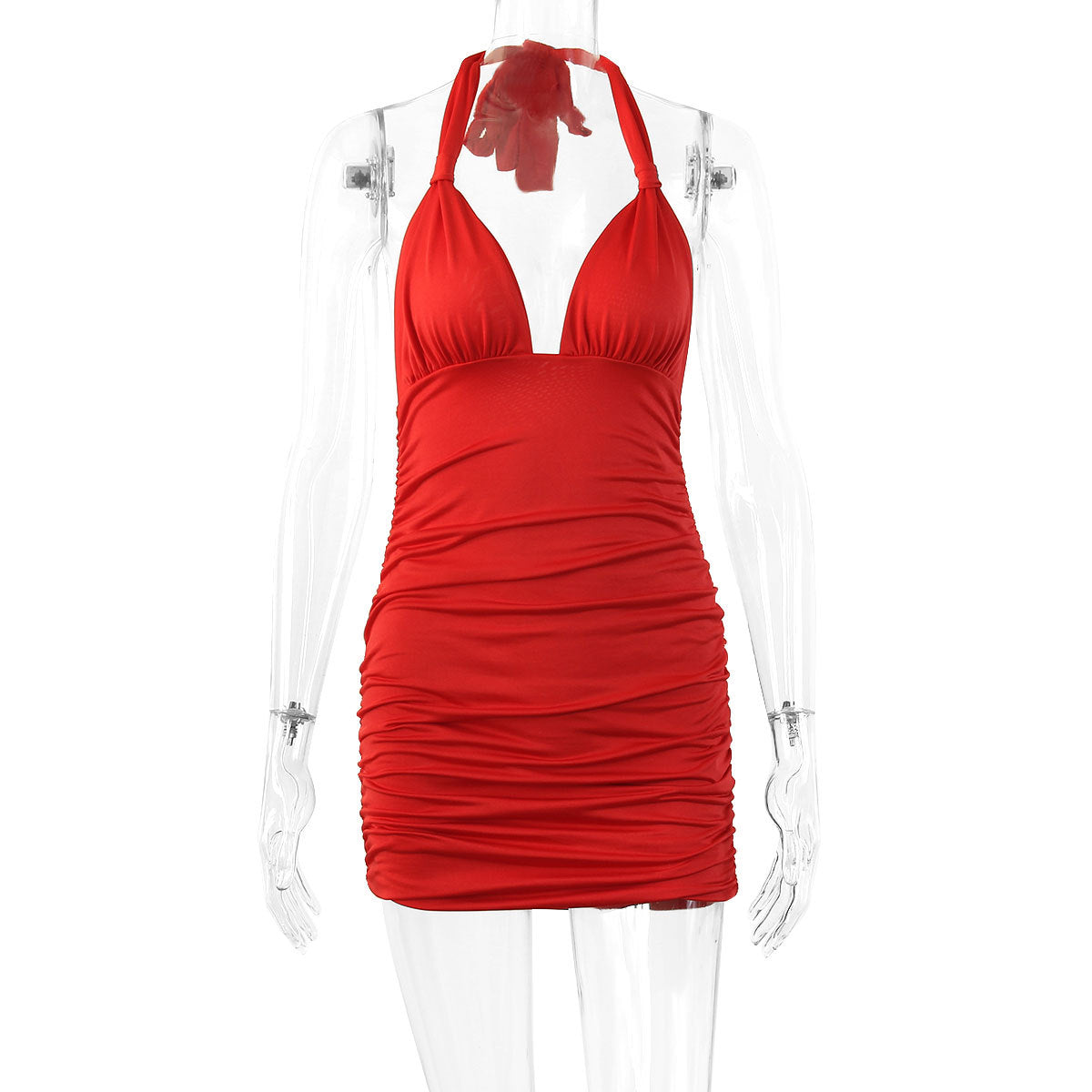 Halter Neck Deep V-Neck Side Ruched Bodycon Mini Dress 5