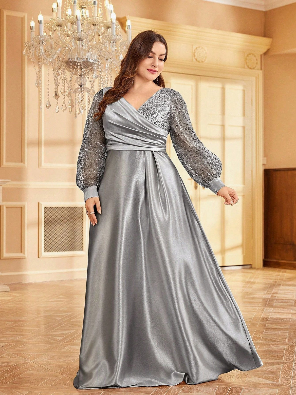 Sequin Lantern Sleeve Surplice V-Neck Satin Maxi Gown 4