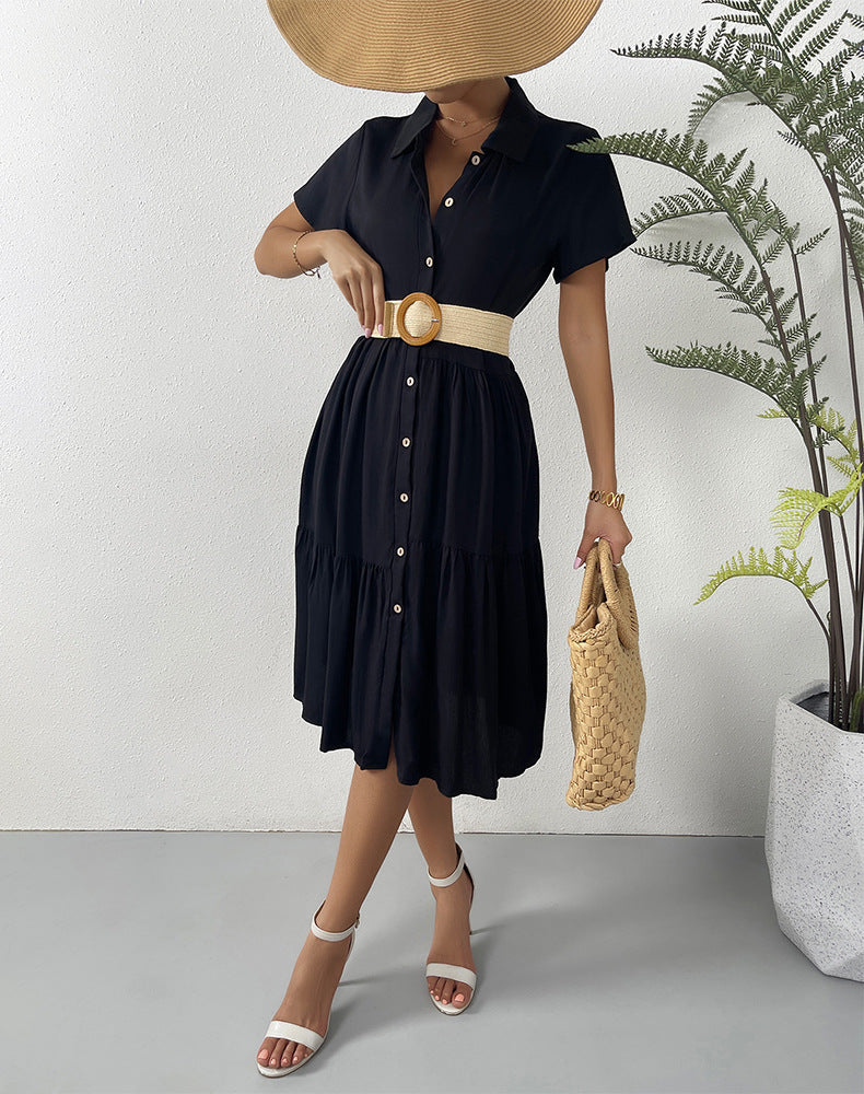 Collared Button Front Tie Belt Tiered Ruffle Midi Dress 2