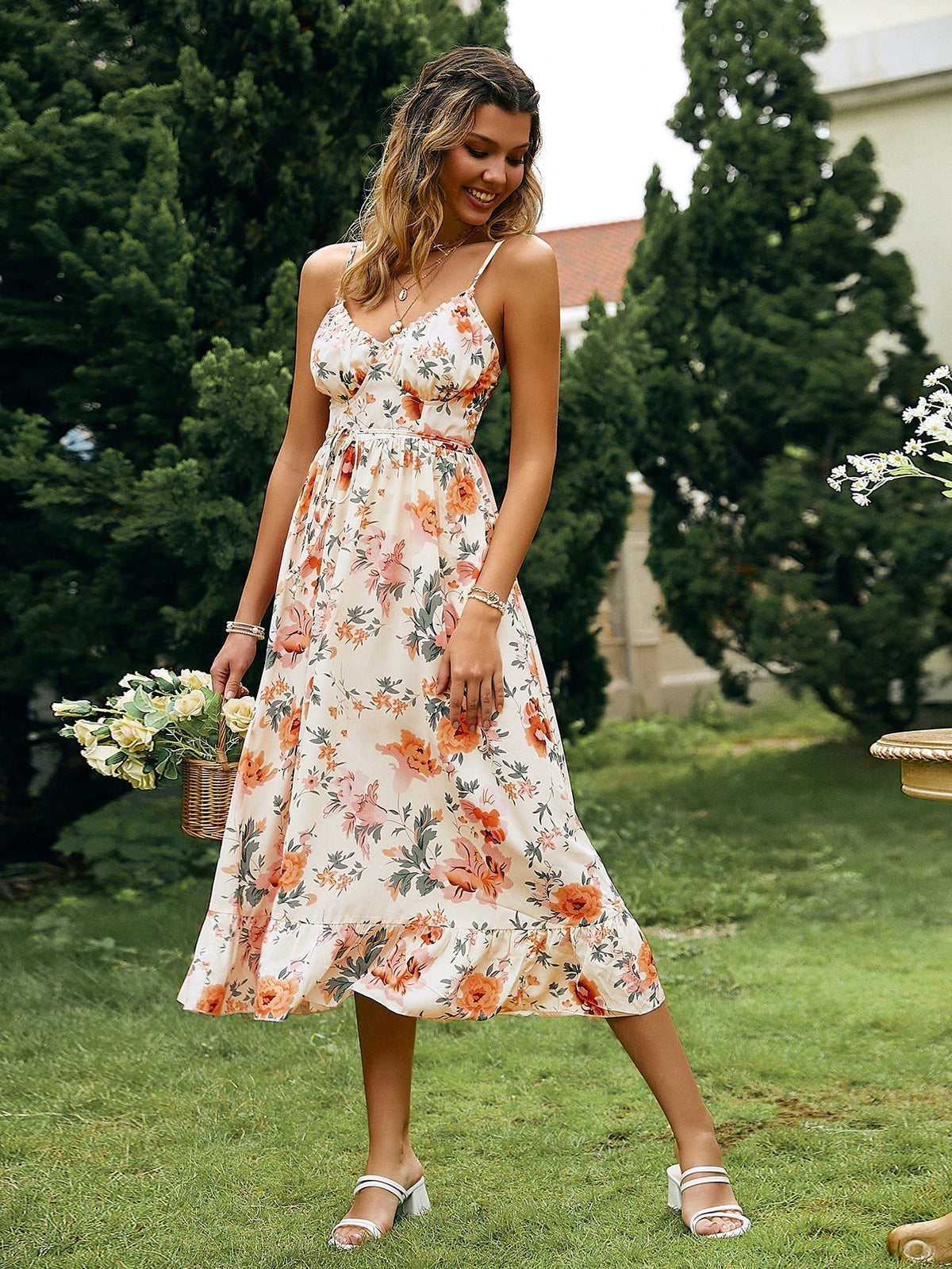Spaghetti Strap Ruched Bust Drawstring Empire Waist Tiered Ruffle Floral Midi Dress 5