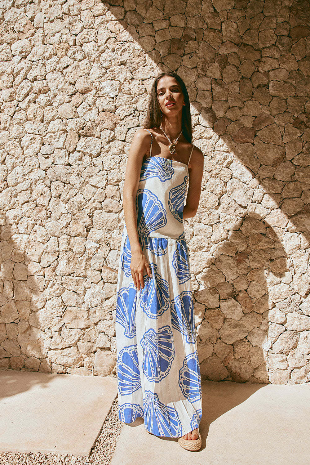 Square Neck Spaghetti Strap Scallop Shell Print Maxi Dress 2