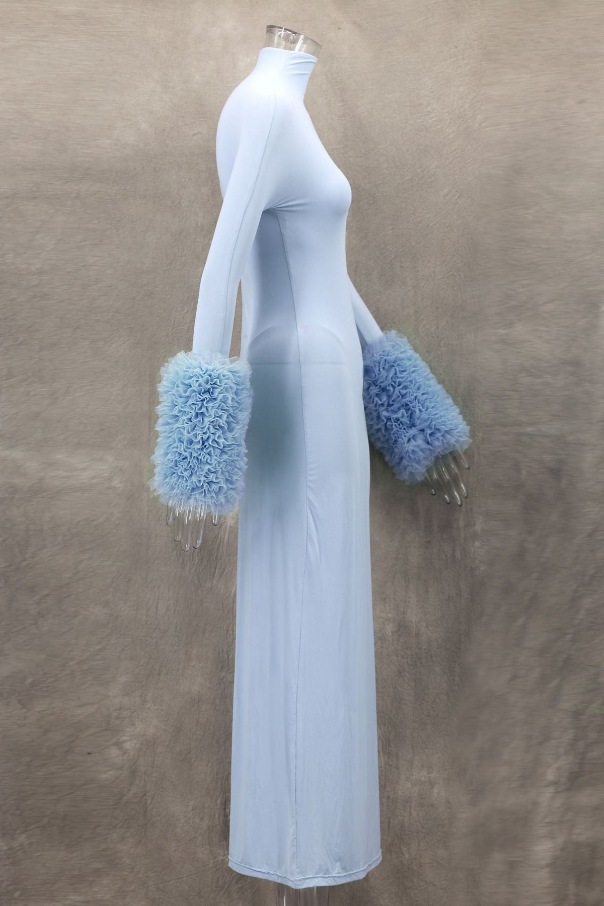 Mock Neck Ribbed Knit Oversized Ruffle Cuff Column Maxi Gown 11