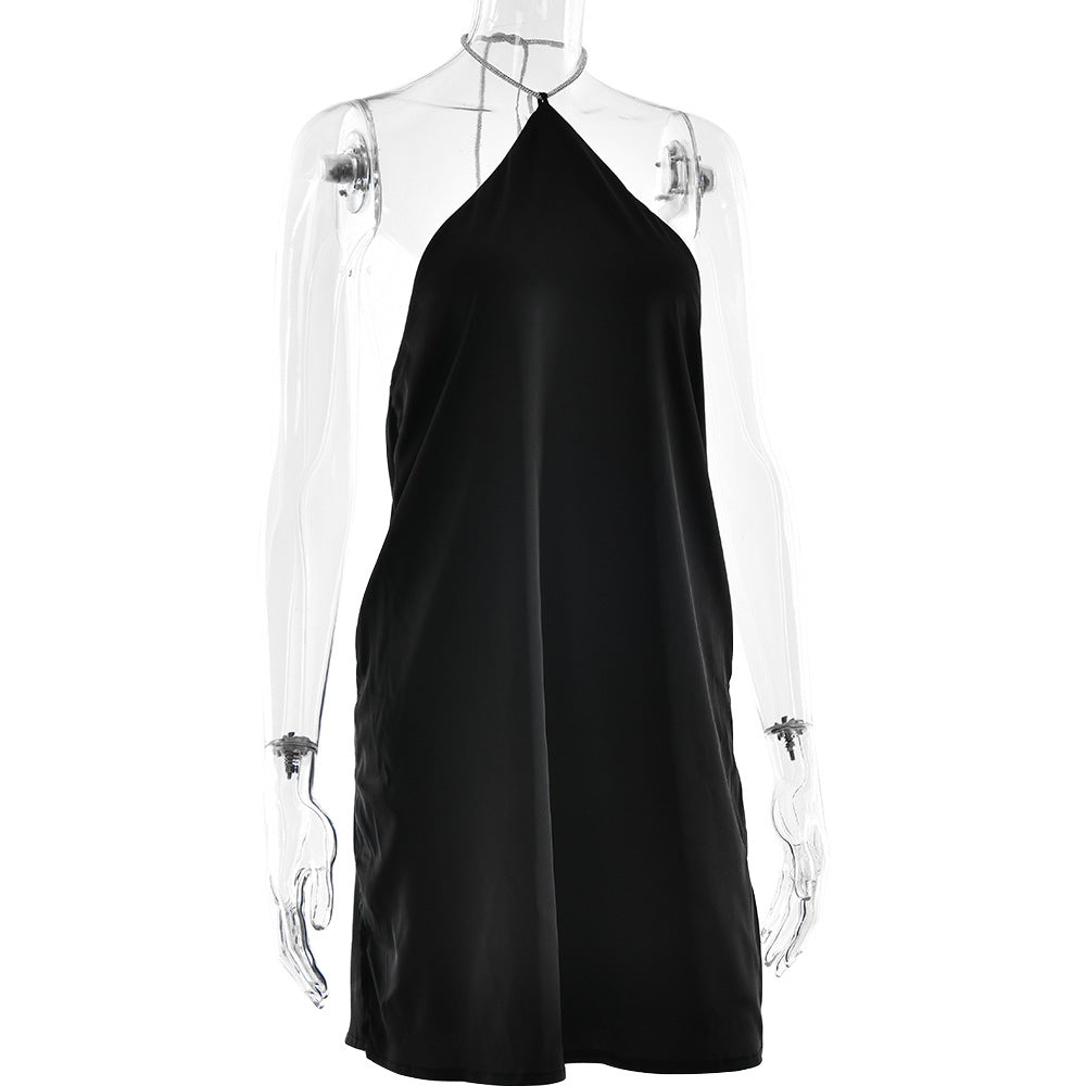 Halter Rhinestone Chain Neck Satin Shift Mini Dress 9
