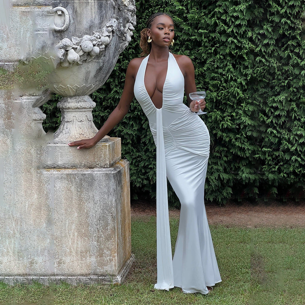 Halter Plunging V Neck Ruched Bodice Front Sash Maxi Gown