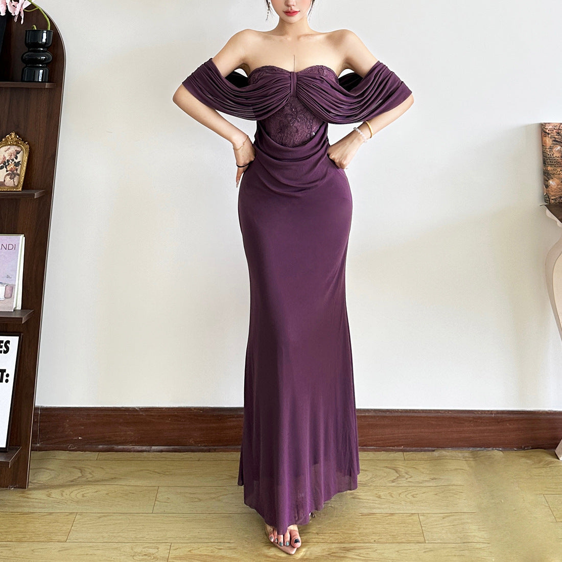 Off Shoulder Draped Lace Panel Sweetheart Floor Length Maxi Gown