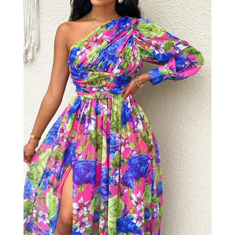 Floral Print One-Shoulder Lantern Sleeve Belted High Slit Maxi Dress 5