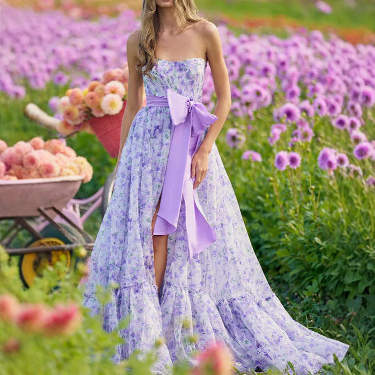 Purple Mesh Rose Print Halter Choker Ruched Mini Dress