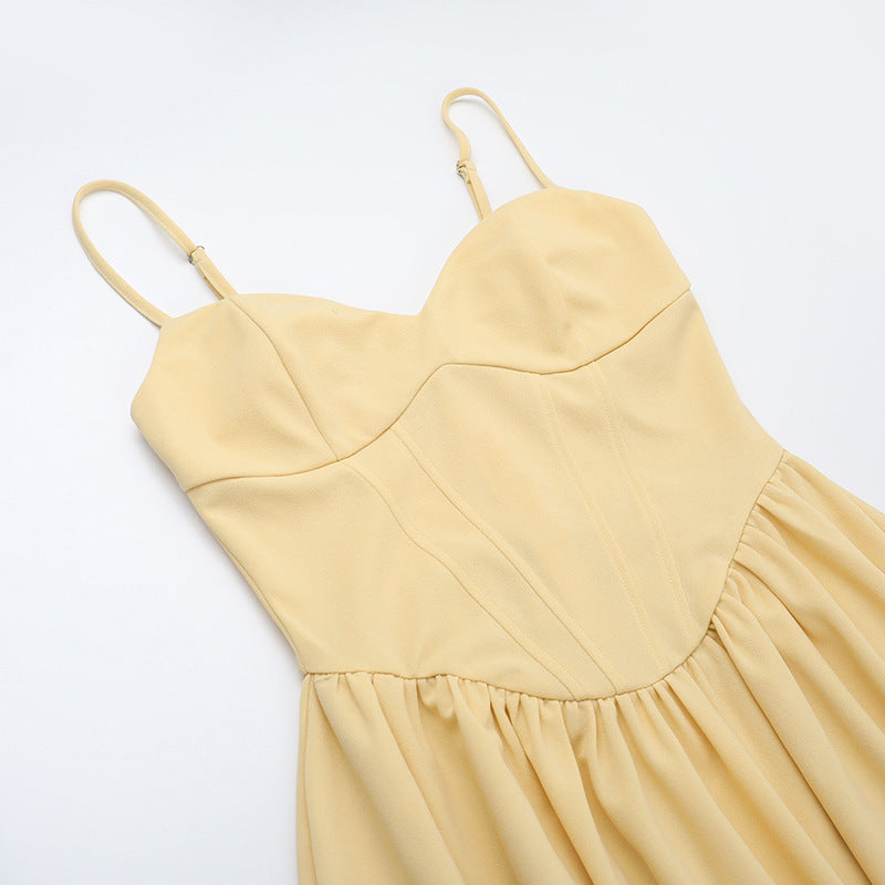 Sweetheart Spaghetti Strap Corset Bodice Pleated Pocket Midi Dress 13