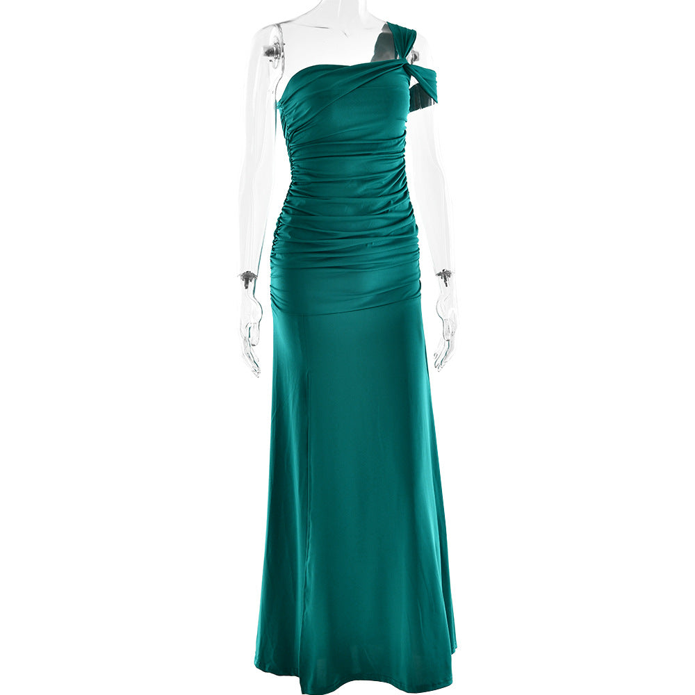 One Shoulder Ruched Gathered Bodycon Column Maxi Gown 5