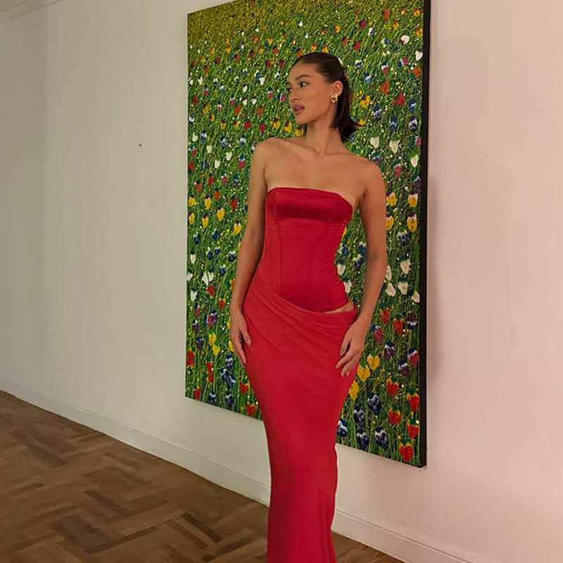 Strapless Corset Bodice Draped Column Maxi Gown Two-Piece Look