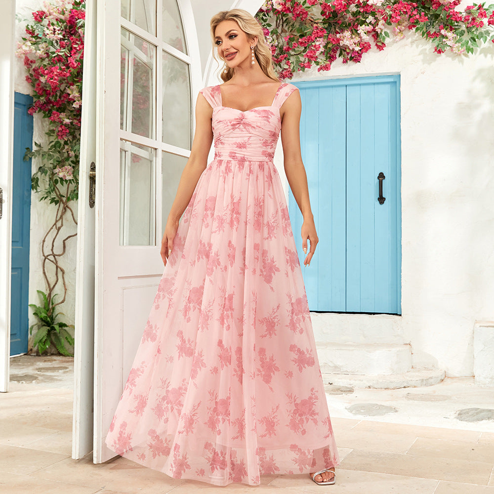 Sweetheart Neck Ruched Strap Floral Tulle Overlay A-Line Maxi Dress